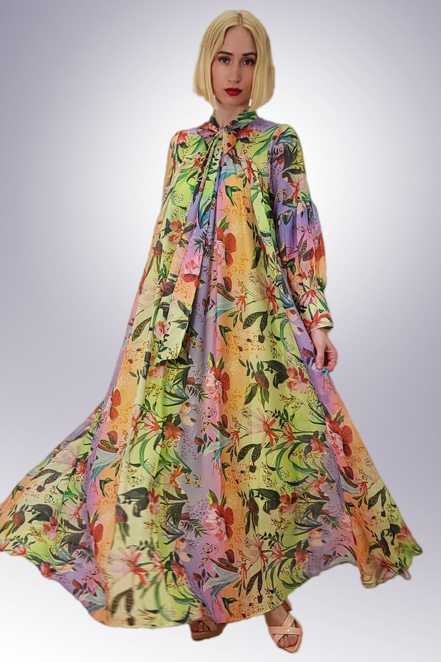 Formal Dresses Long Sleeve Floral Print Chiffon Dress Multi Green