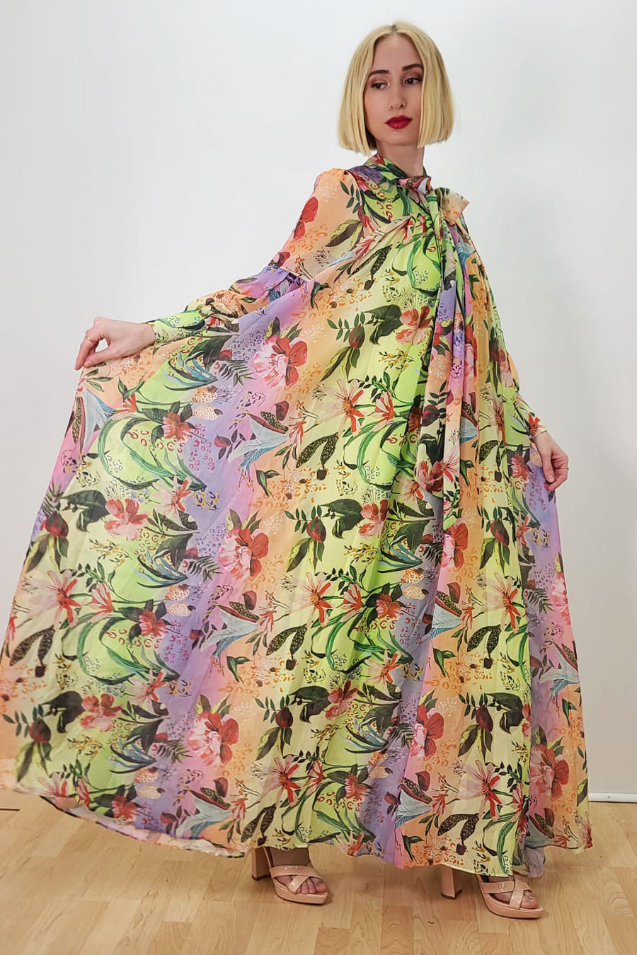 Formal Dresses Long Sleeve Floral Print Chiffon Dress Multi Green