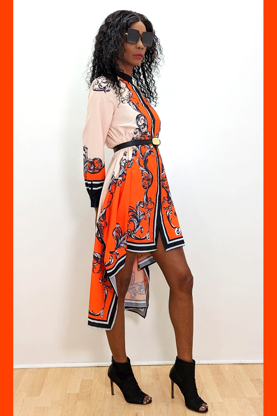 Cocktail Dresses Long Sleeve Button Down Hi Low Belt Dress Orange