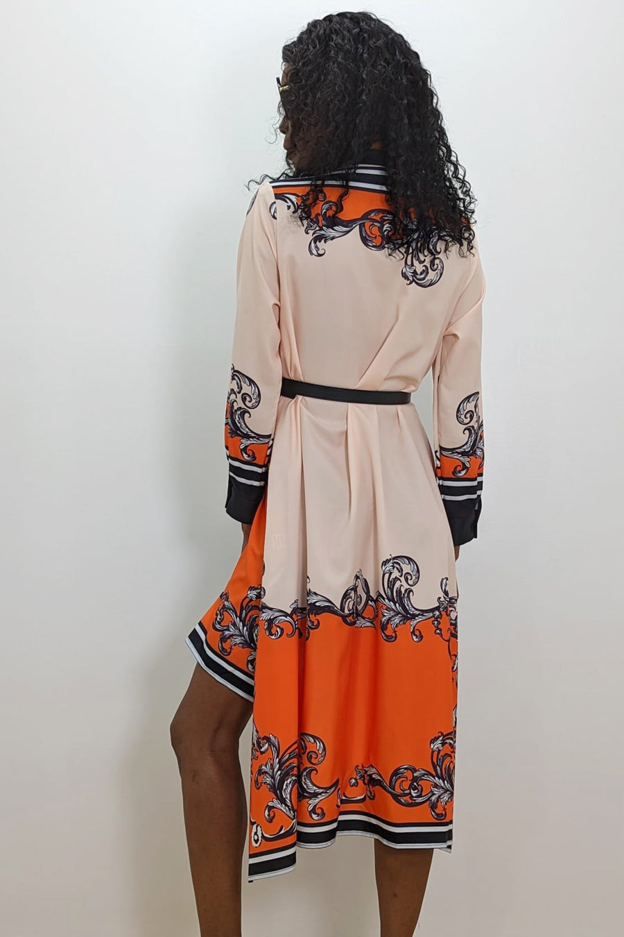 Cocktail Dresses Long Sleeve Button Down Hi Low Belt Dress Orange