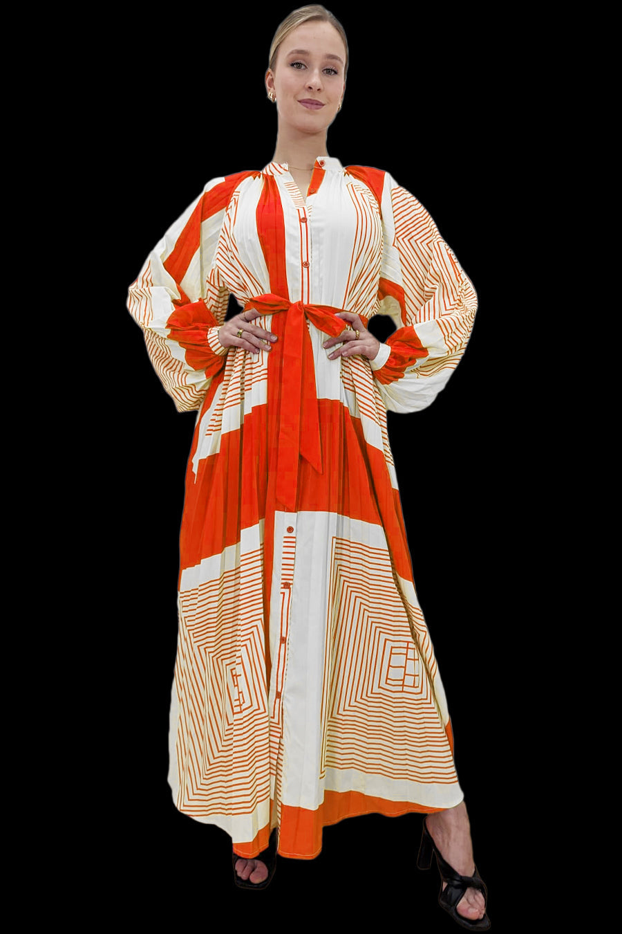 Formal Dresses Long Sleeve Button Down Wrap Belt Dress Orange