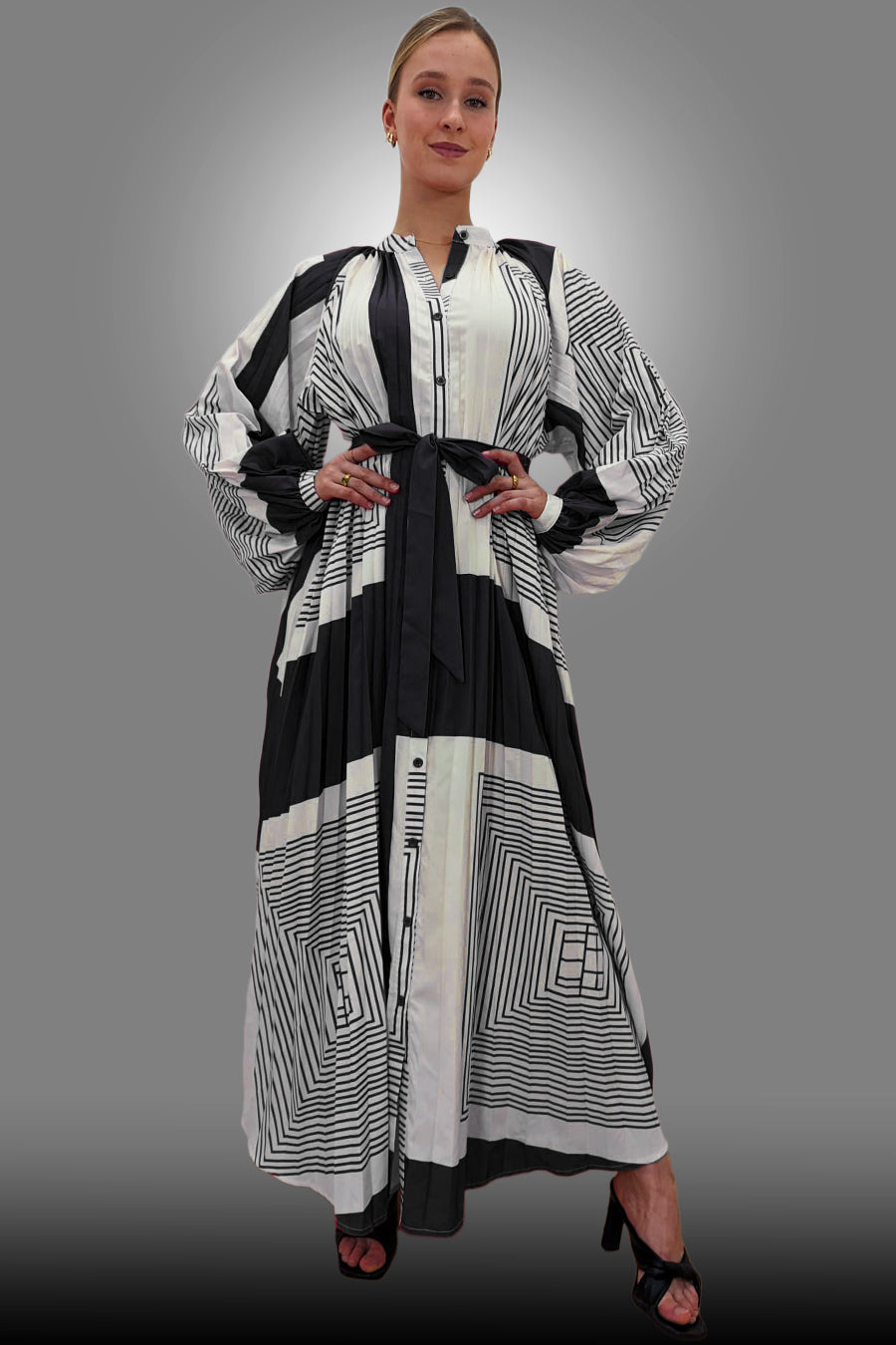 Formal Dresses Long Sleeve Button Down Wrap Belt Dress Black