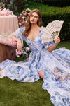 Prom Dresses Layered Floral Formal Prom Long A Line Dress Blue