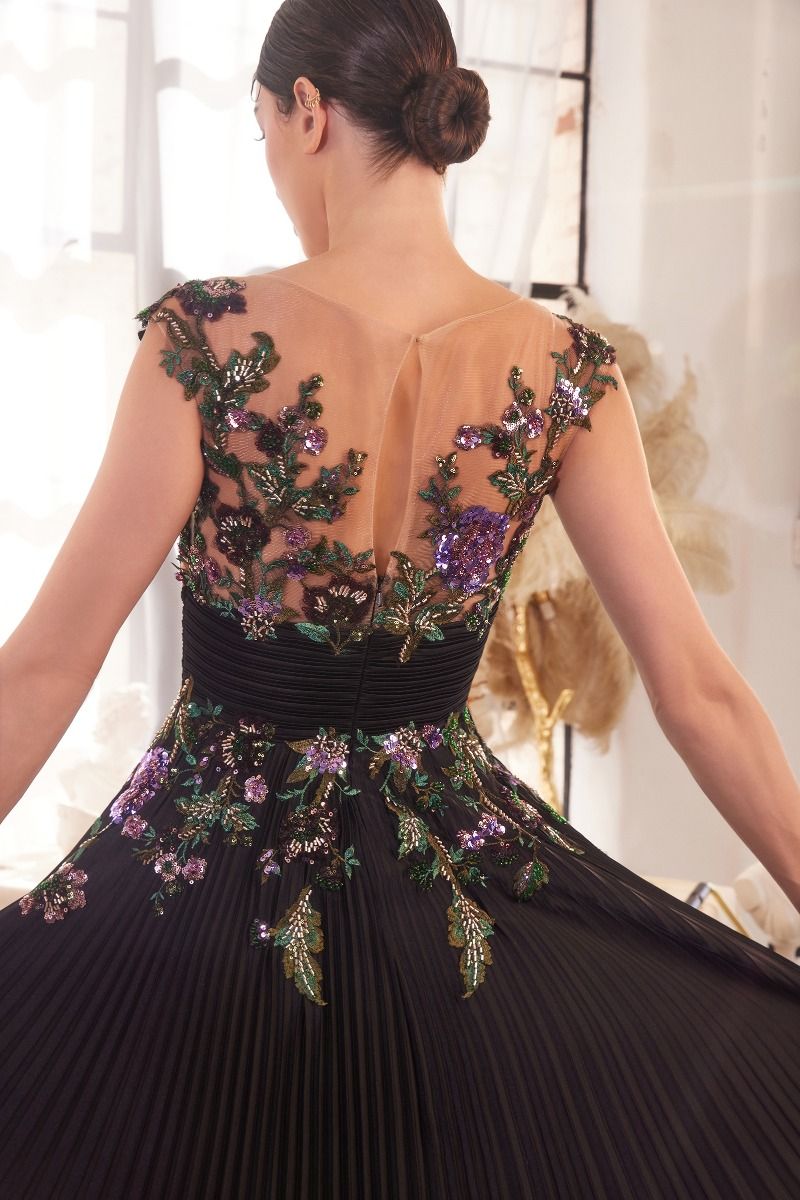 Formal Dresses A Line Long Sequin Pleated Formal Dress Black