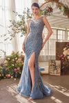 Prom Dresses Beaded Long High Slit Formal Prom Dress Blue