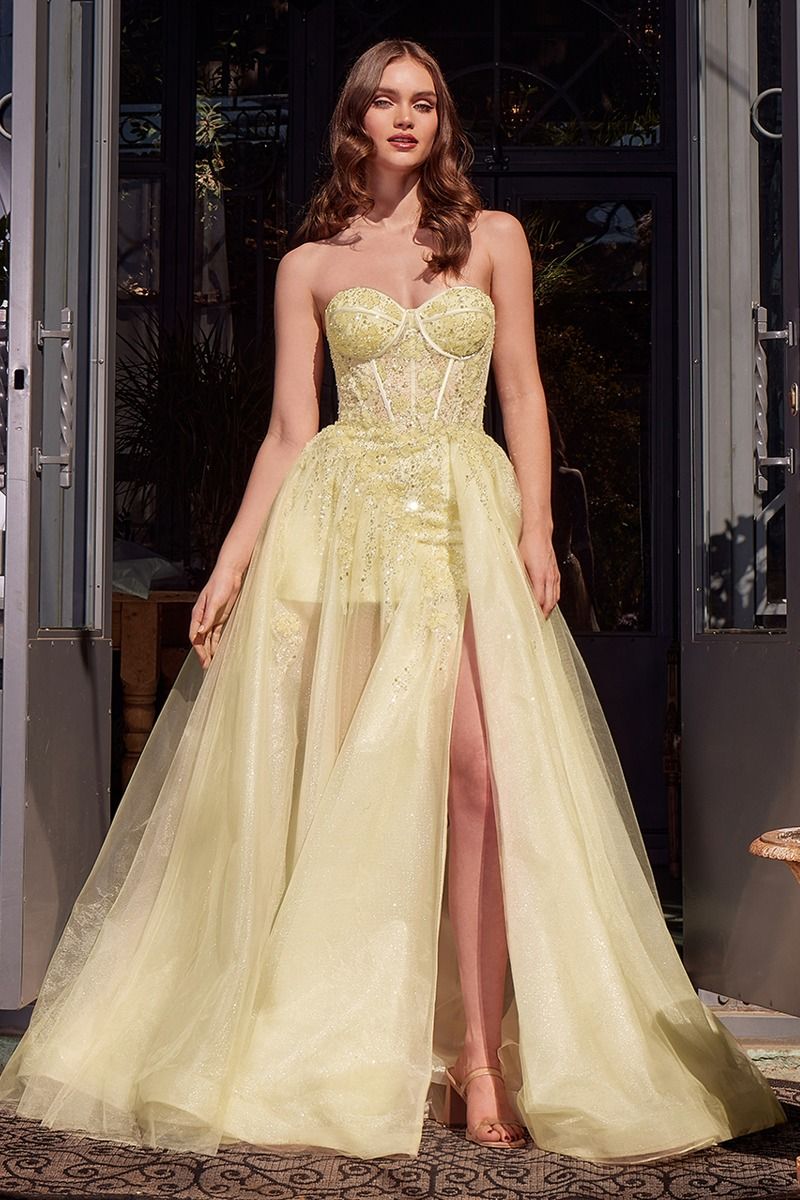 Prom Dresses Long Ball Gown Formal Floral Beaded Prom Dress Yellow