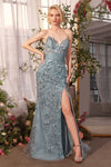 Prom Dresses Long Slit Formal Pleated Floral Prom Dress Smoky Blue