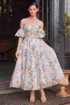 Formal Dresses Tea Length A Line Printed Floral Formal Dress Blue