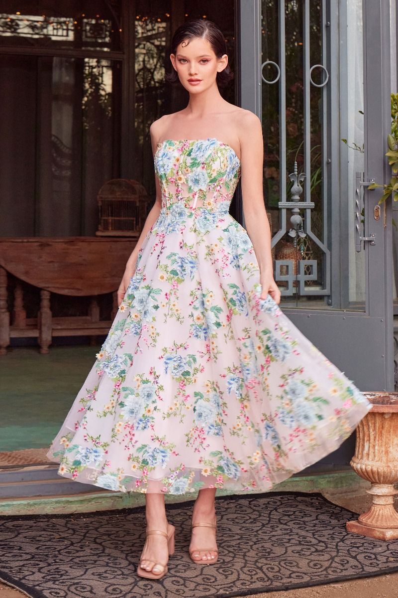 Formal Dresses Tea Length A Line Printed Floral Formal Dress Blue