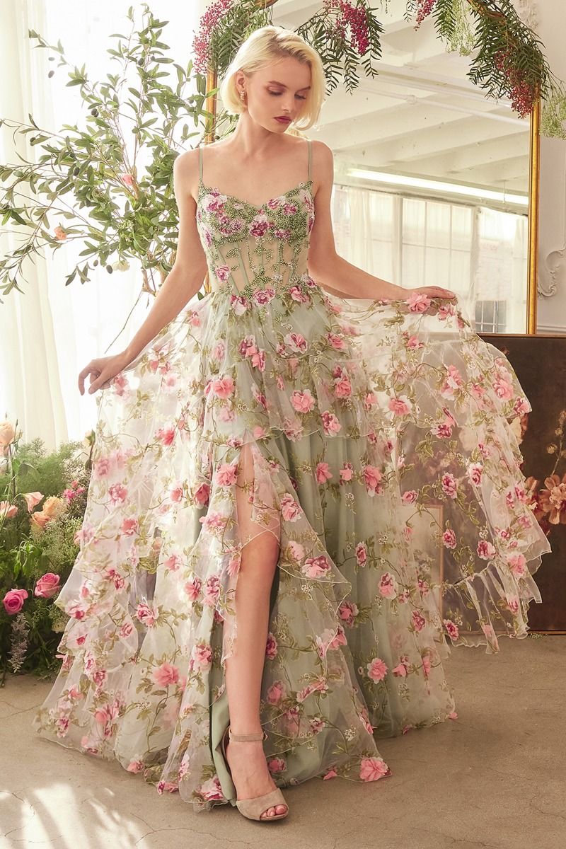 Prom Dresses Long Floral Printed A Line Formal Prom Dress Sage