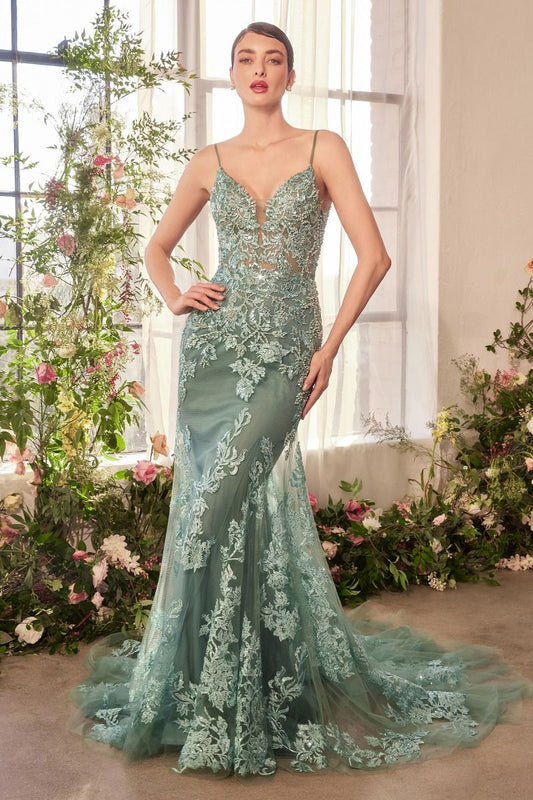 Prom Dresses Beaded Long Lace Mermaid Prom Dress Sage