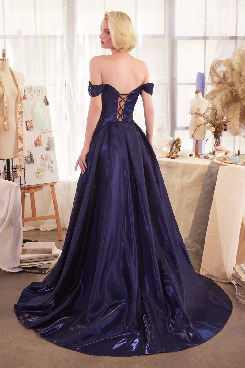 Prom Dresses Long Pleated Ball Gown Slit Formal Prom Dress Navy