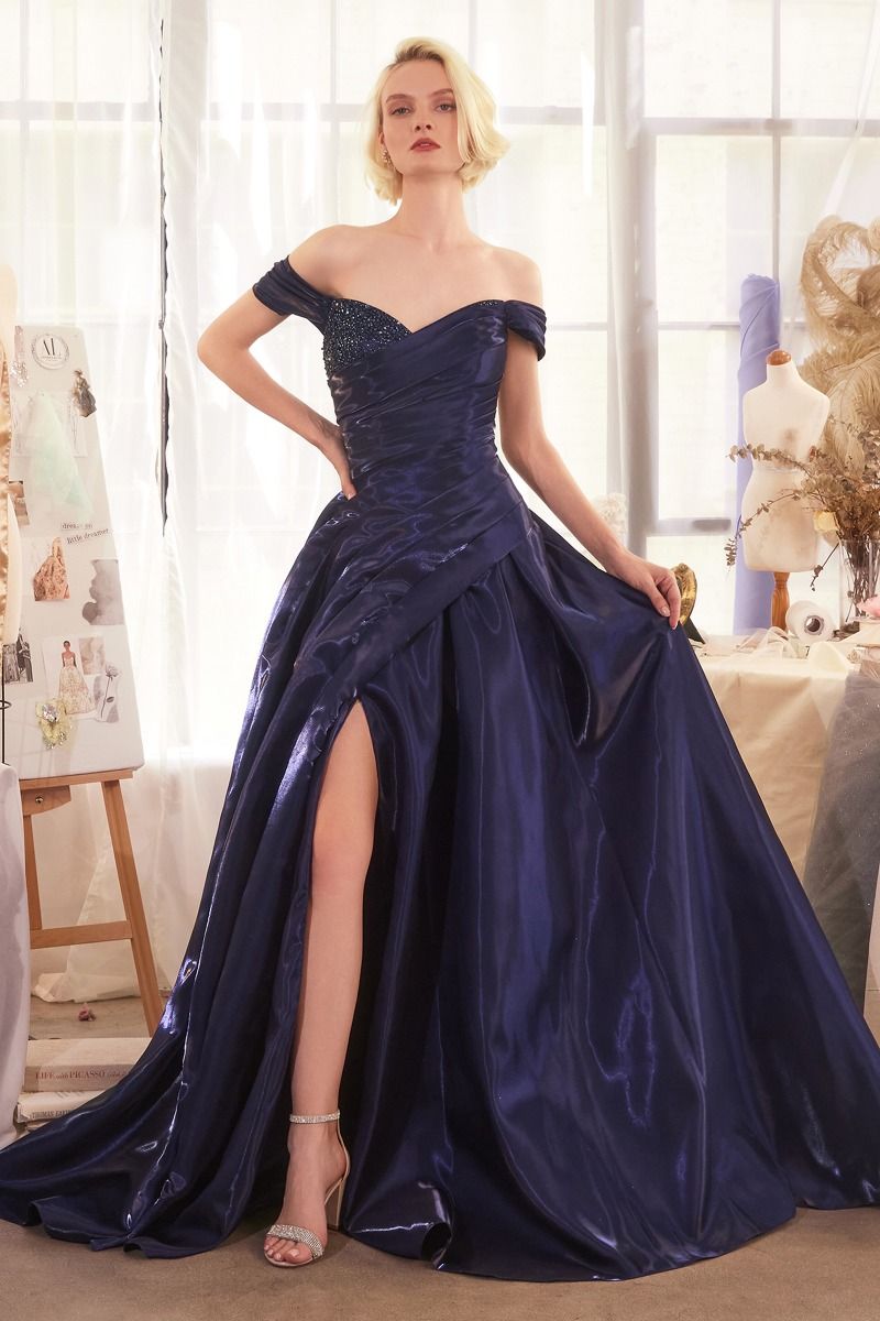 Prom Dresses Long Pleated Ball Gown Slit Formal Prom Dress Navy