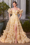 Prom Dresses Ball Gown Long Floral Printed Formal Prom Dress Yellow