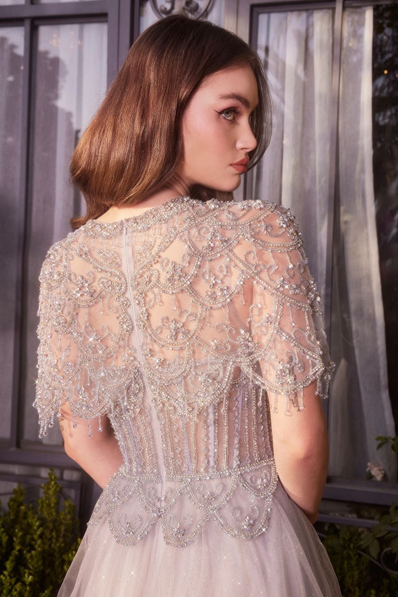 Prom Dresses Formal Long Ball Gown Capelet Prom Dress Silver