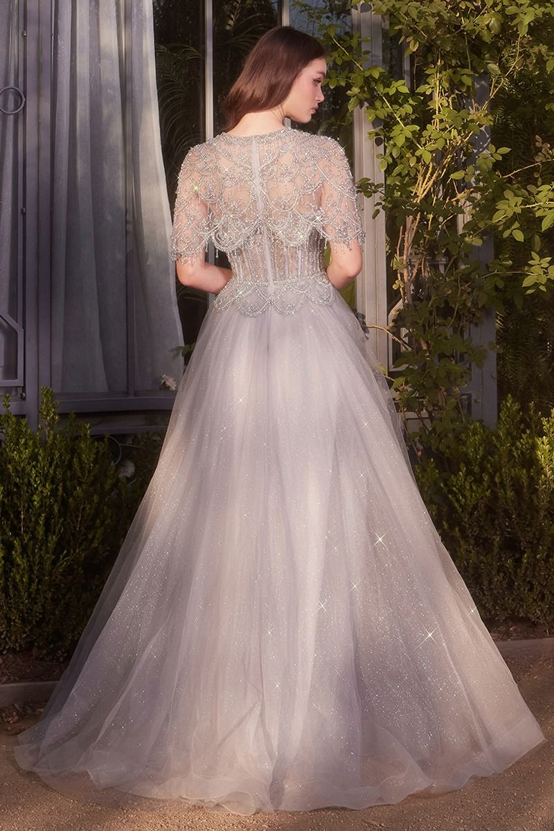 Prom Dresses Formal Long Ball Gown Capelet Prom Dress Silver