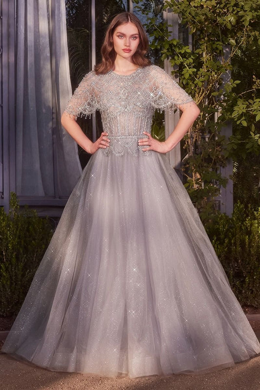 Prom Dresses Formal Long Ball Gown Capelet Prom Dress Silver