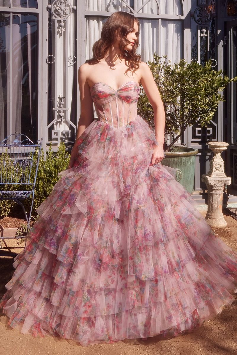 Prom Dresses Long Ball Gown Floral Print Ruffle Corset Prom Dress Multi