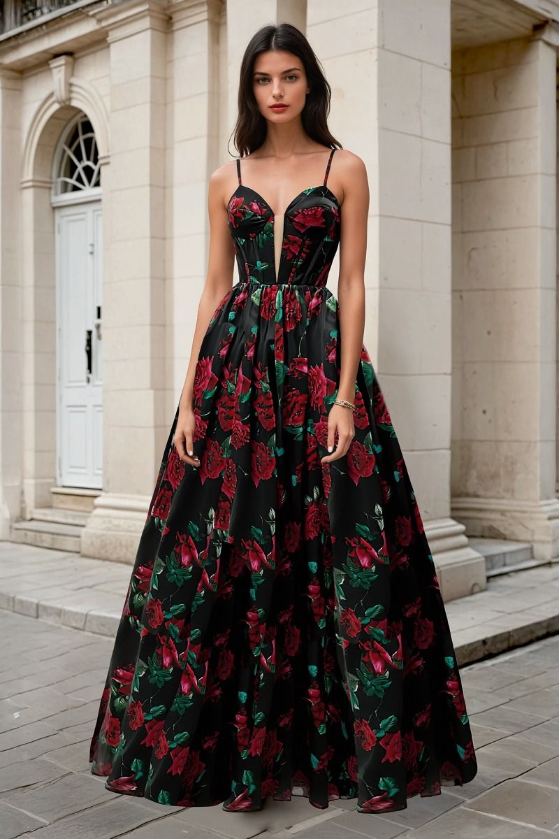 Prom Dresses Long Floral Printed Formal Prom Dress Black