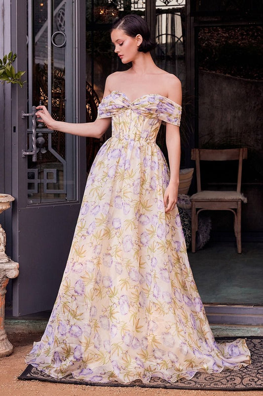 Prom Dresses A Line Long Floral Printed Pattern Formal Prom Dress Blue