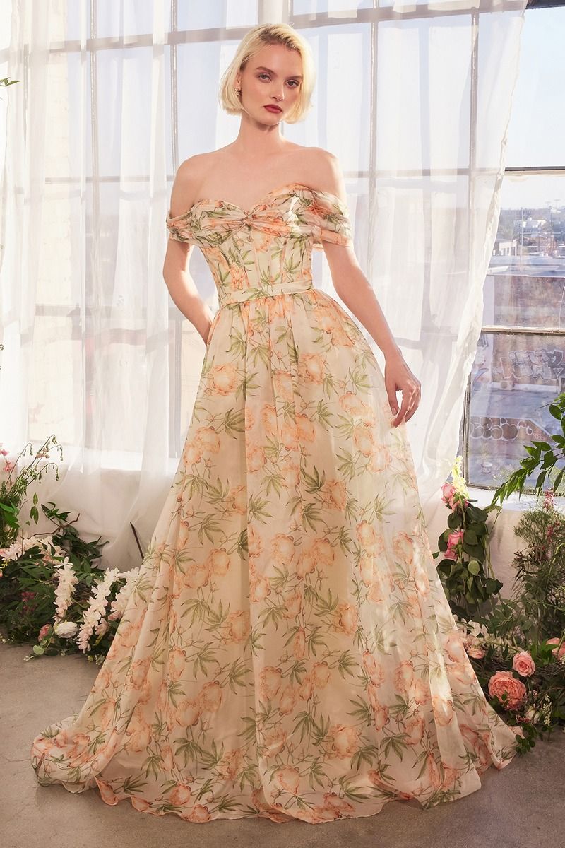 Prom Dresses A Line Long Floral Printed Pattern Formal Prom Dress Orange