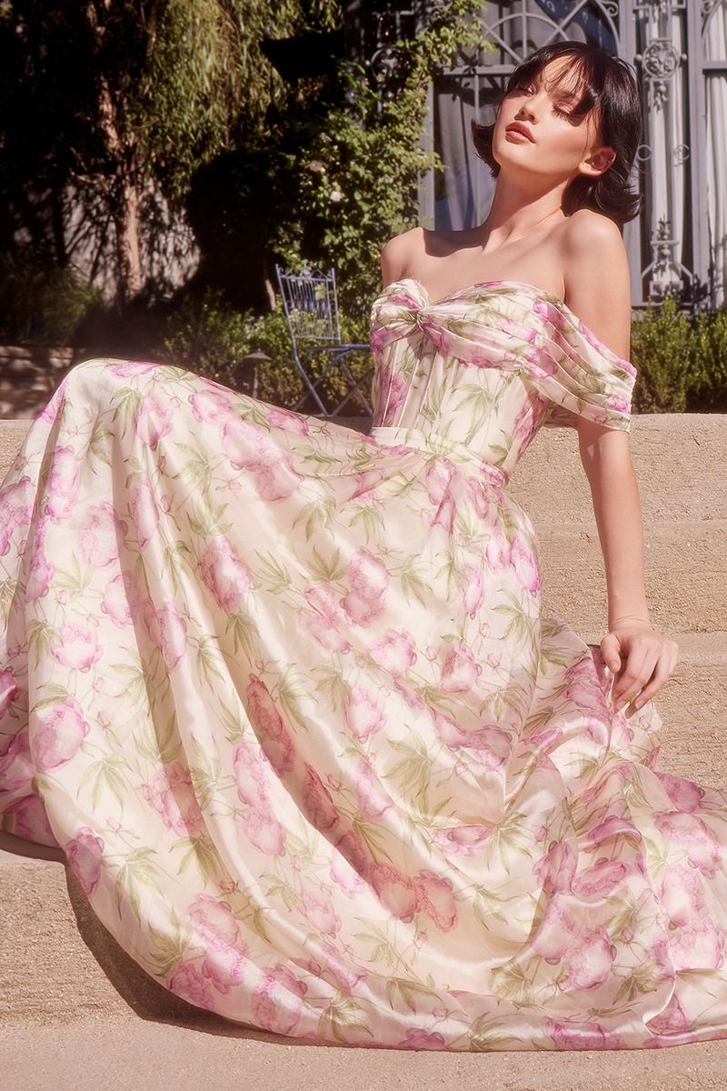 Prom Dresses A Line Long Floral Printed Pattern Formal Prom Dress Pink