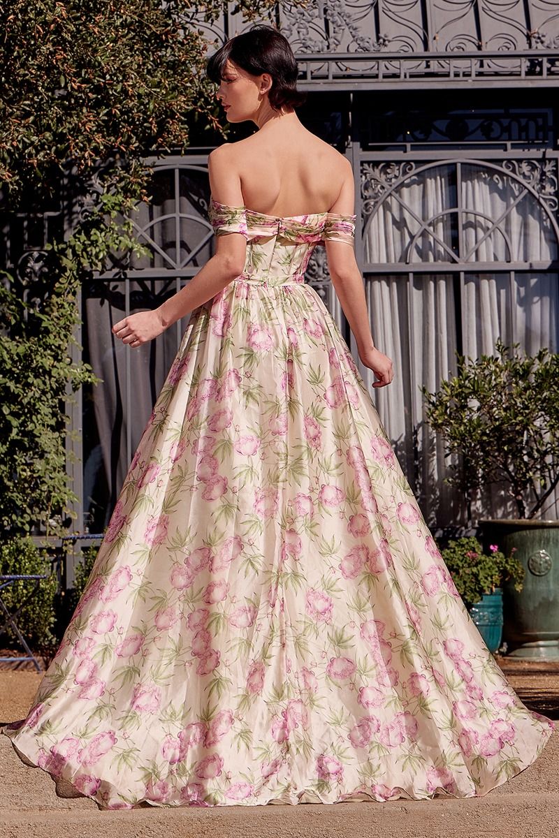 Prom Dresses A Line Long Floral Printed Pattern Formal Prom Dress Pink