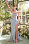 Prom Dresses Beaded Long Formal Corset Prom Slit Dress Light Blue