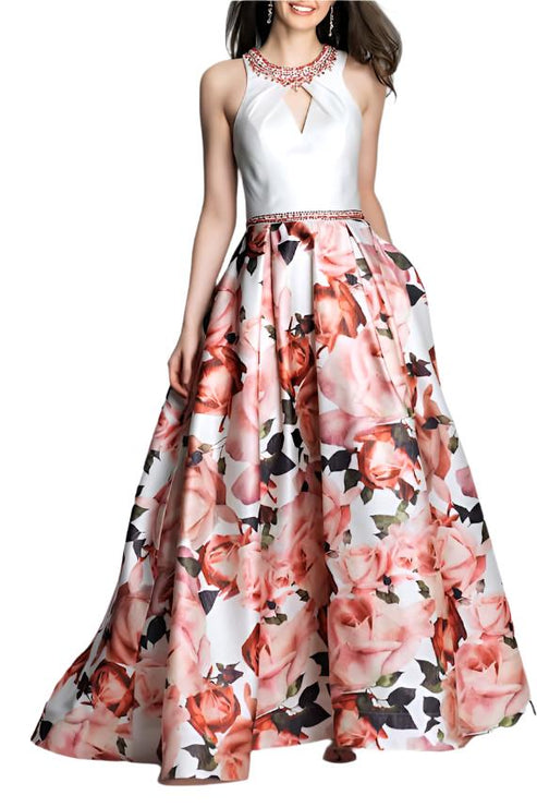 Formal Dresses Long Pleated Floral Print Formal Dress Ivory Multi