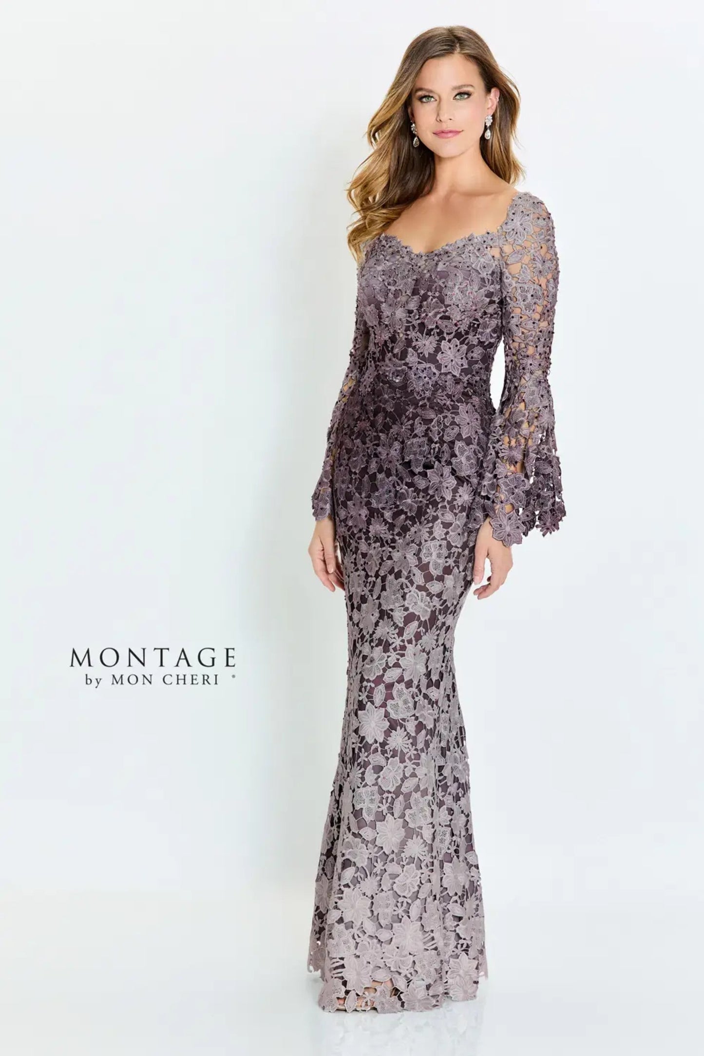 Formal Dresses Long Sleeve Formal Beaded Lace Evening Dress Gray Ombre