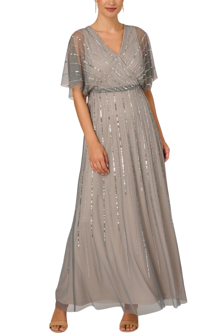 Formal Dresses A Line Long Formal Beaded Blouson Sequin Dress Pewter Silver