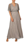 Formal Dresses A Line Long Formal Beaded Blouson Sequin Dress Pewter Silver