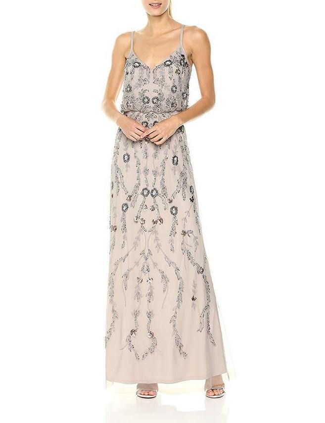 Adrianna Papell Spaghetti Strap Long Formal Mesh Dress - The Dress Outlet Adrianna Papell