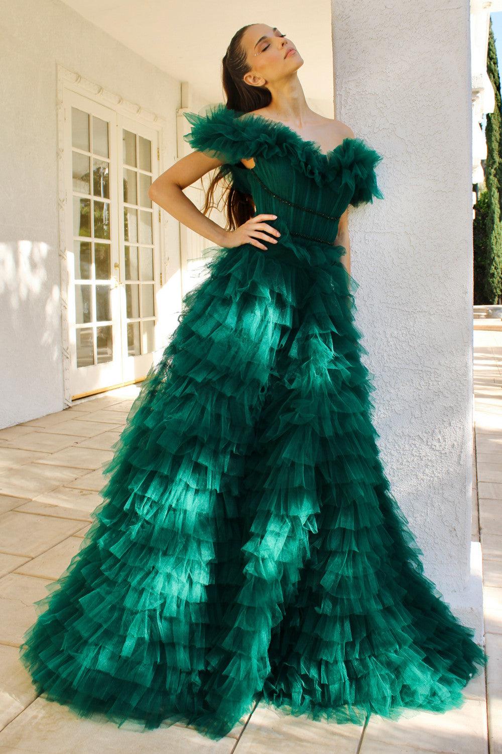 Andrea & Leo A1032 Ruffle Tulle Prom Dress Emerald