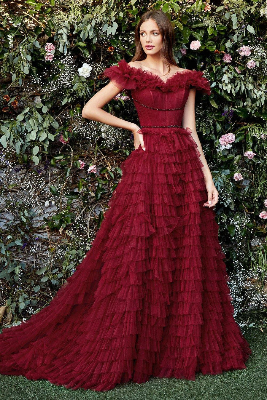 Andrea & Leo A1032 Ruffle Tulle Prom Dress Burgundy