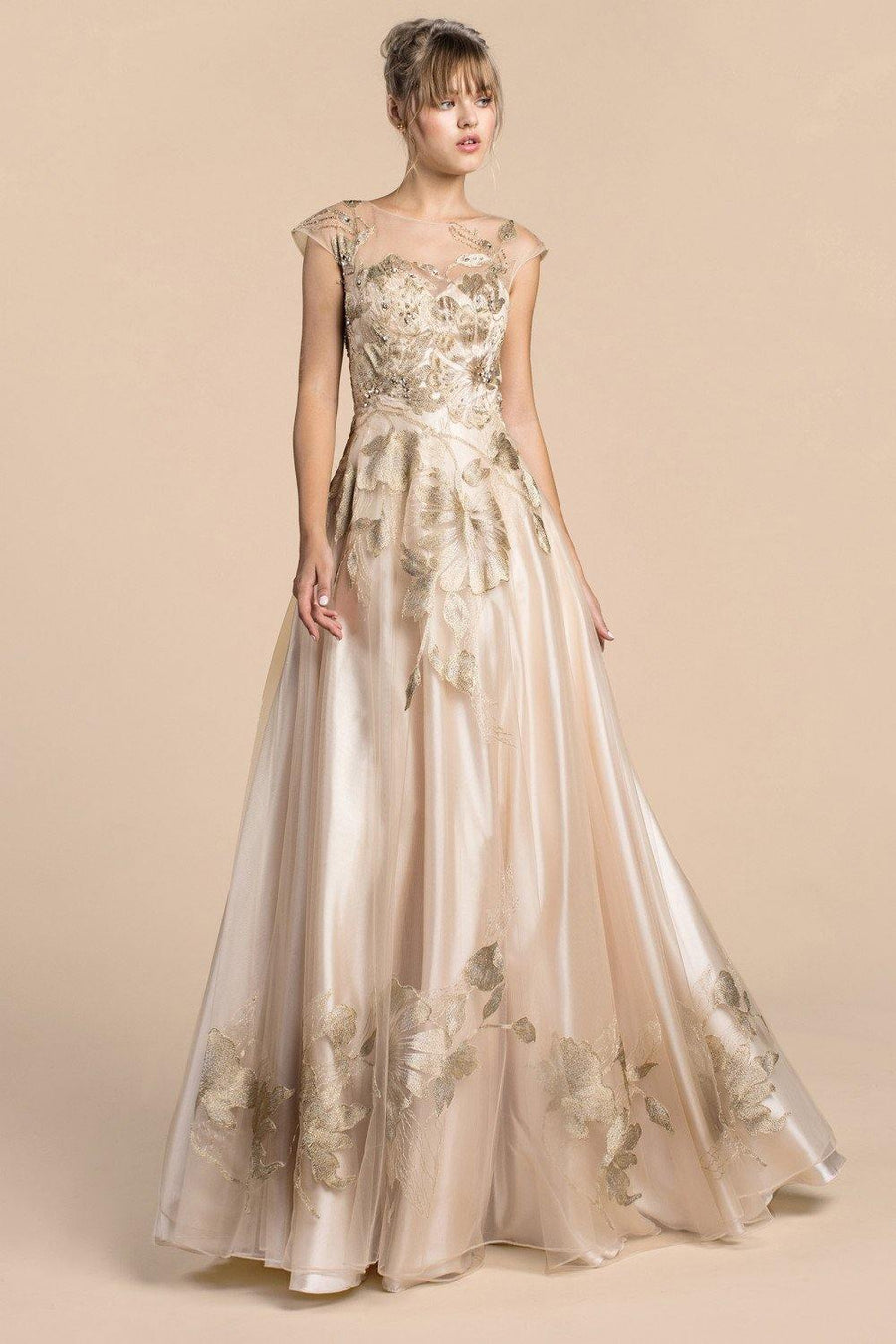 Andrea & Leo CDA0081 Metallic Flora Long Prom Dress Champagne