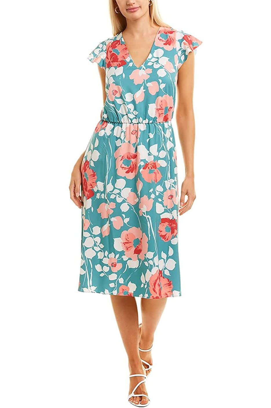 Cocktail Dresses  Short Sleeve Tie Back Floral Print Jersey Dress Green Multi