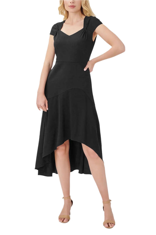 Formal Dresses  Cap Sleeve Fit Flare Solid High Low Hem Crepe Dress Black