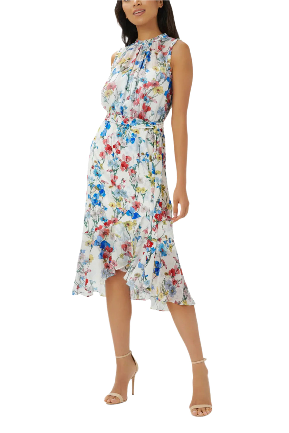 Cocktail Dresses High Low Floral Print Midi Cocktail Dress Ivory Coral Multi