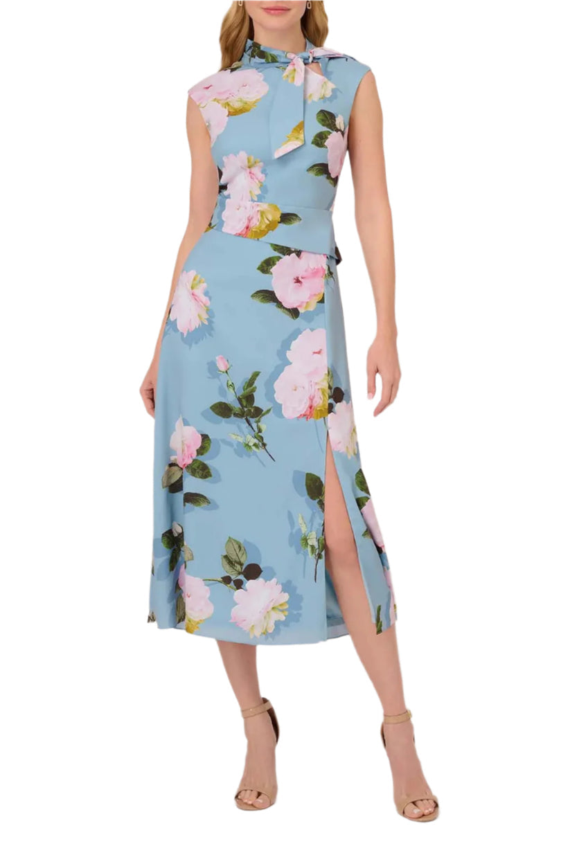 Cocktail Dresses Floral Print Slit Tea Length Cocktail Dress Blue Multi