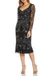 Cocktail Dresses Fitted Long Sleeve Beaded Cocktail Midi Dress Black Multi