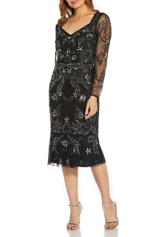 Cocktail Dresses Fitted Long Sleeve Beaded Cocktail Midi Dress Black Multi