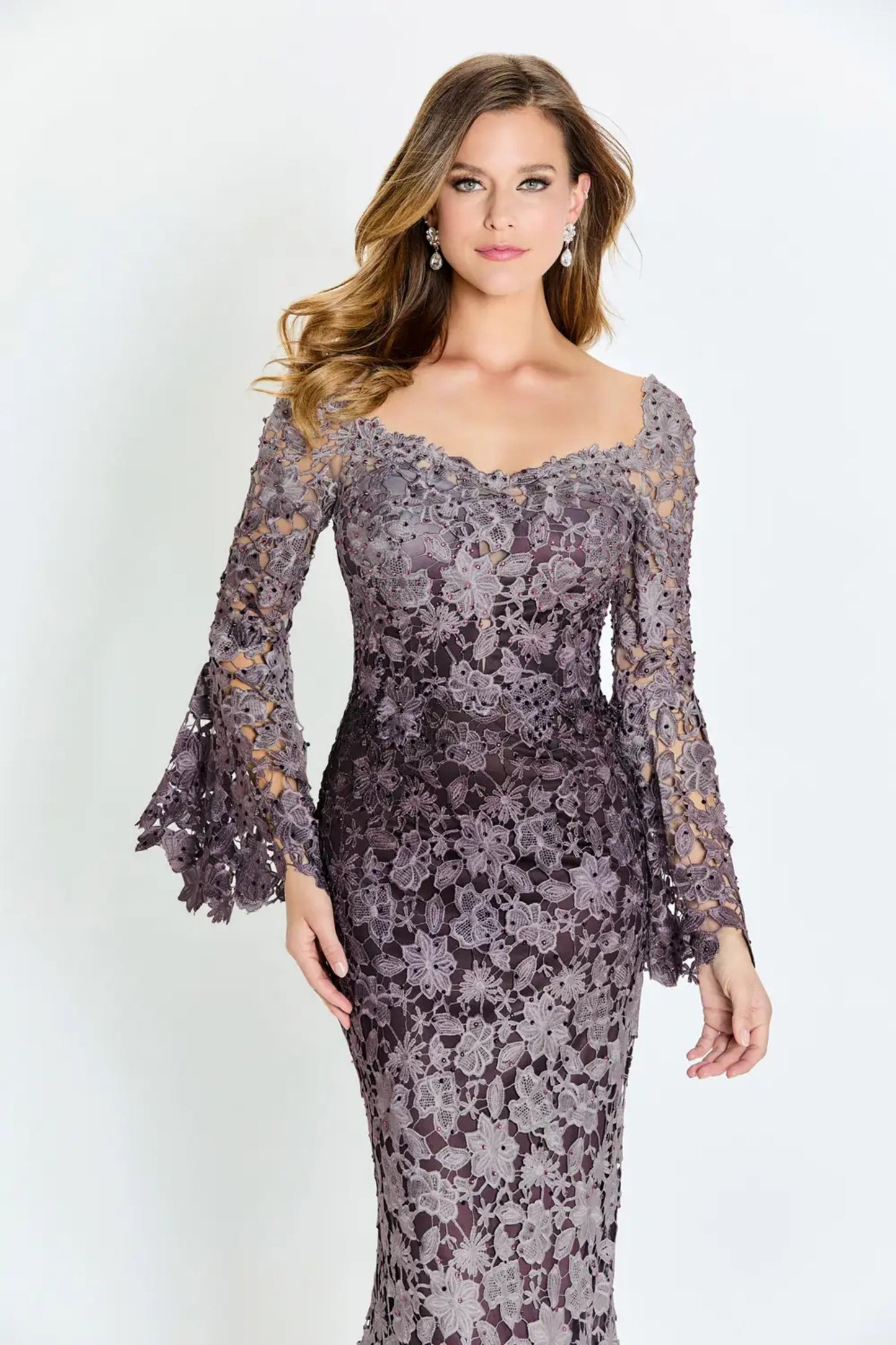Formal Dresses Long Sleeve Formal Beaded Lace Evening Dress Gray Ombre