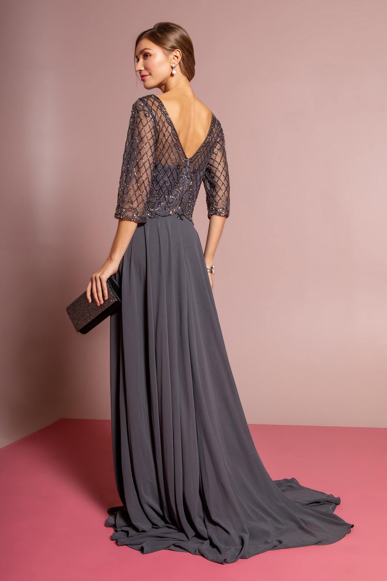 Beads Embellished Bodice Chiffon Long Dress - The Dress Outlet Elizabeth K