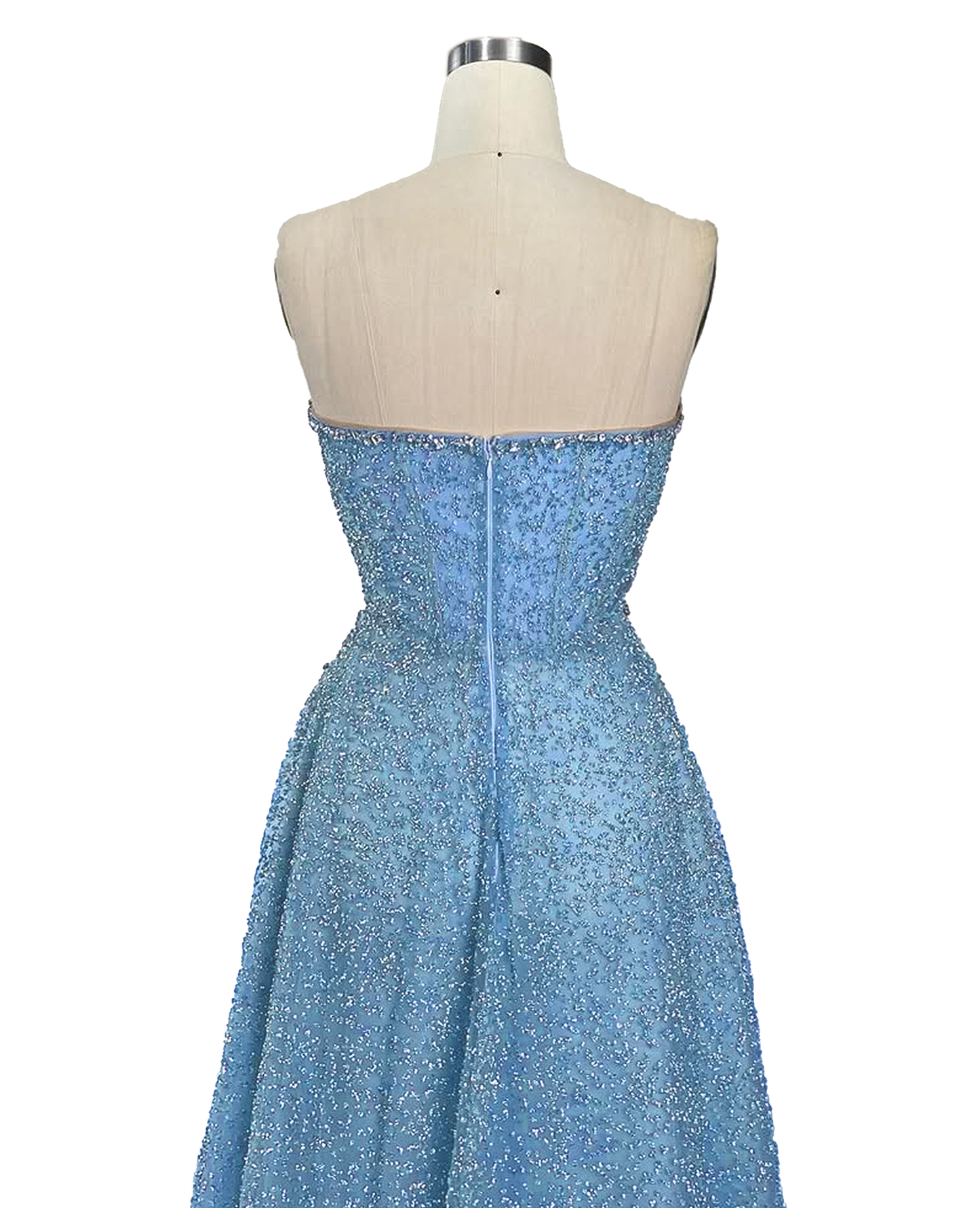 A stunning long strapless formal couture dress adorned with intricate hand-beaded details, showcasing elegance and sophistication.