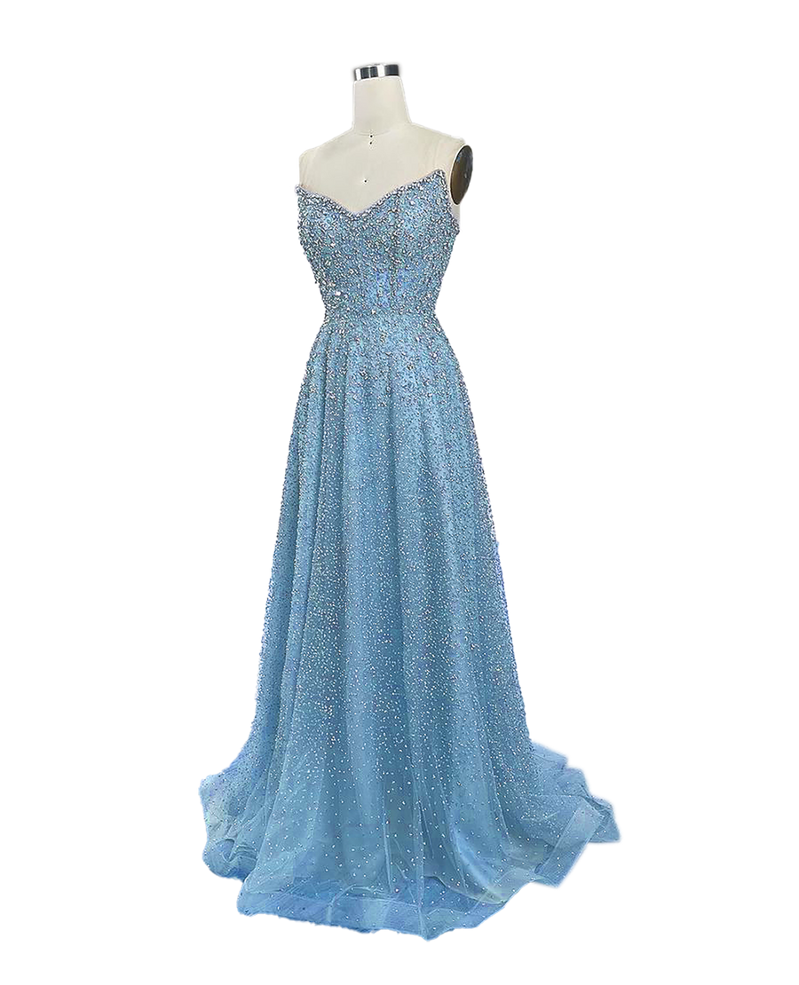 A stunning long strapless formal couture dress adorned with intricate hand-beaded details, showcasing elegance and sophistication.