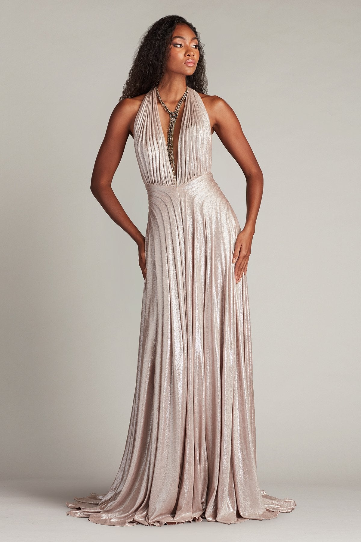 Prom Dresses Pleated Long Formal Metallic Prom Dress Pebble
