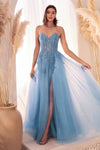 Prom Dresses Long Formal A Line Corset Applique Prom Dress Blue
