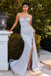 Prom Dresses Prom Long Formal Beaded Slit Evening Gown Silver