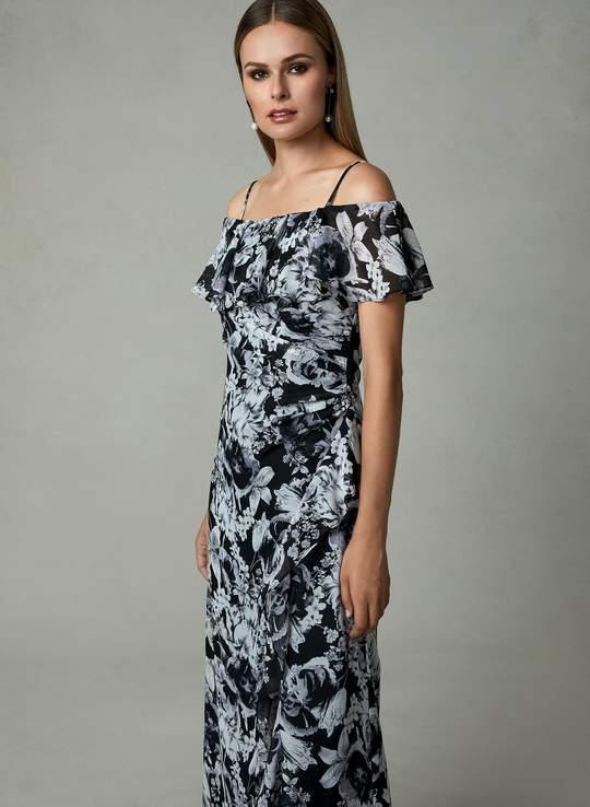 Cachet Long Formal Floral Print Ruffled Slit Dress 59689 - The Dress Outlet
